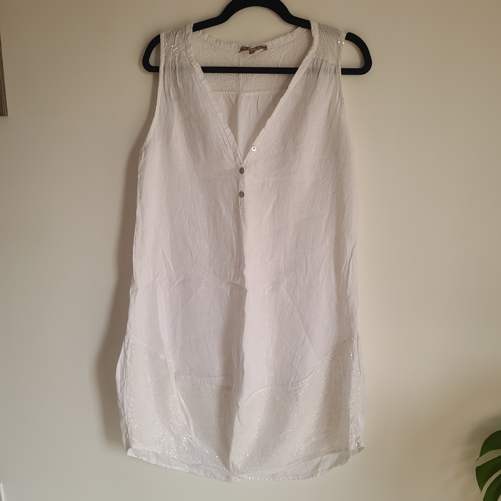 Chic White Linen And Sequin Sleeveless V-Neck Tunic